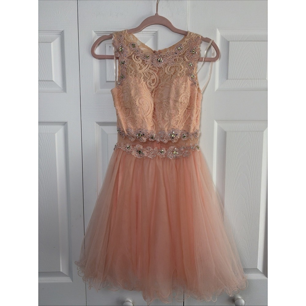 Fiesta Fashion Lace Tulle Beaded Prom Dress Womens XS Peach Formal Quincenera